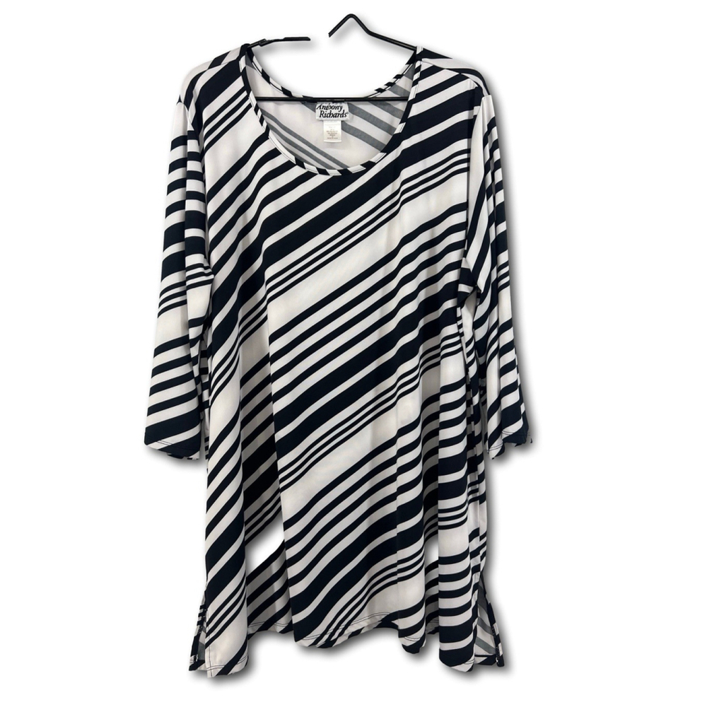 Anthony Richards Womens Black White Striped Tunic Top Blouse Size 3X Vintage